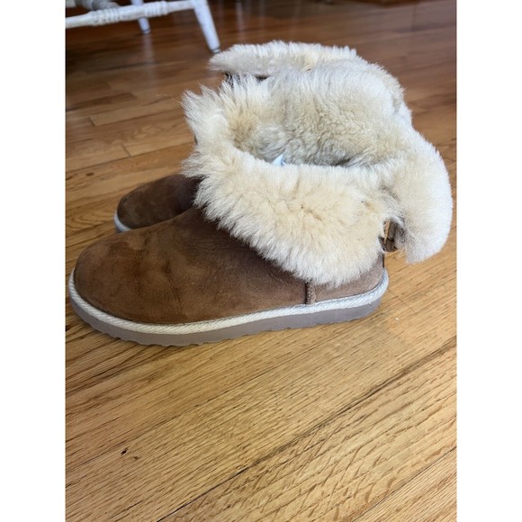 UGG Boot Brown Leather 1006493 Low Boots Rope Tie Fur Lined Women's Selene sz 9 - Picture 2 of 6